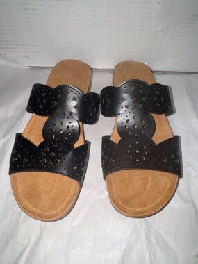 Easy Spirit Black Laser-Cut Double-Strap Slide Sandals